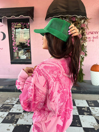 The Cowgirl Couture Exclusive Pink Camo Raw Hem Oversized Fleece Lined Crewneck