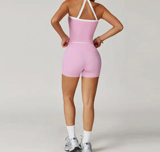 Pink contrasting color tank top + biker shorts set