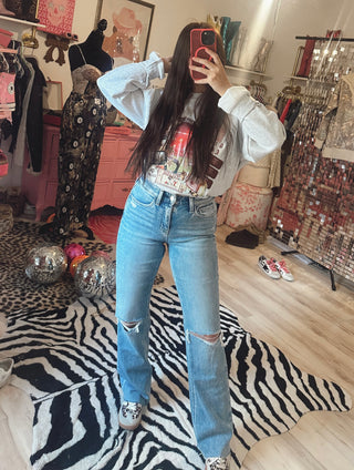 High rise distressed slim stretchy denim