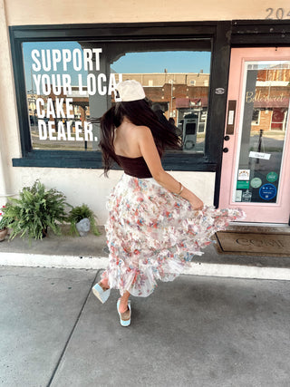 floral ruffle mesh tiered midi skirt