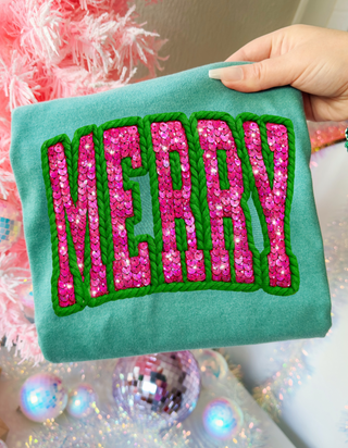 Faux crochet embroidered sequin pink and green merry | Kids graphic