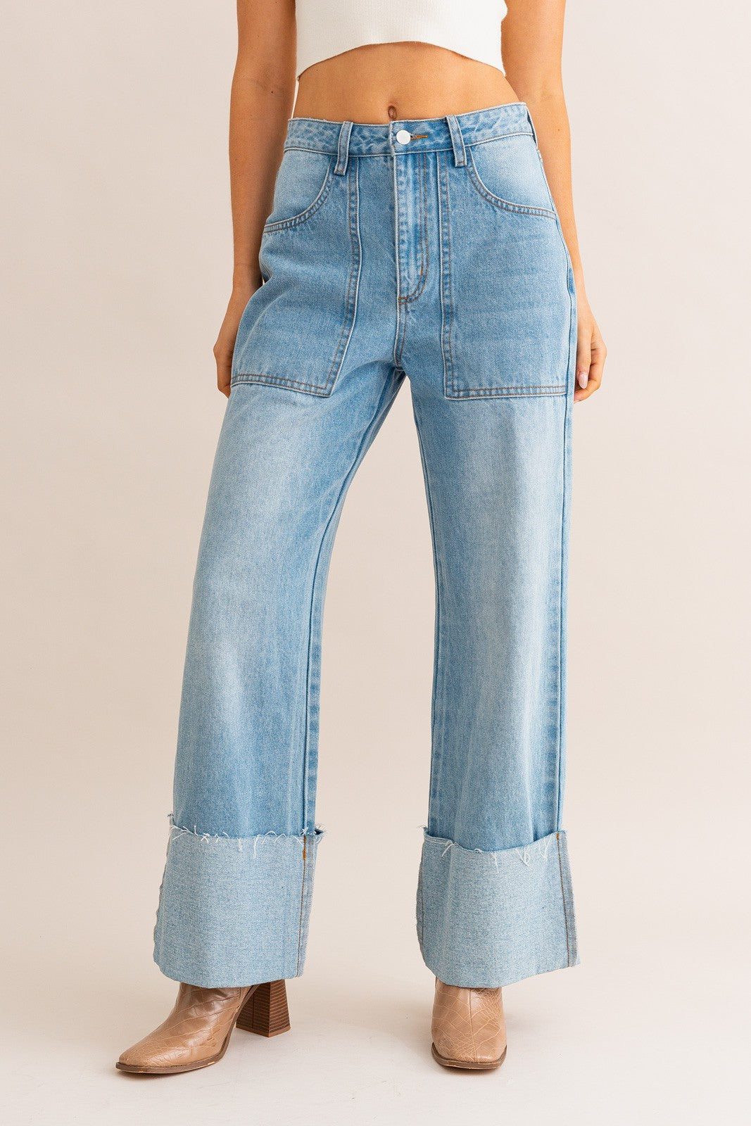 Western inspired high waist wide leg cuffed jeans