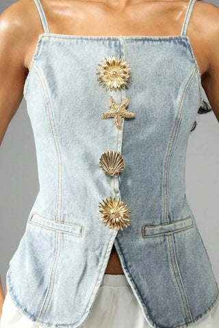 Coastal cowgirl light wash gold button denim vest