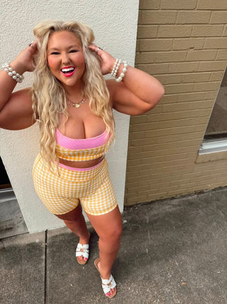 **BOTTOMS ONLY** CCB original Yellow Gingham/polka dot layered athletic biker shorts PREORDER