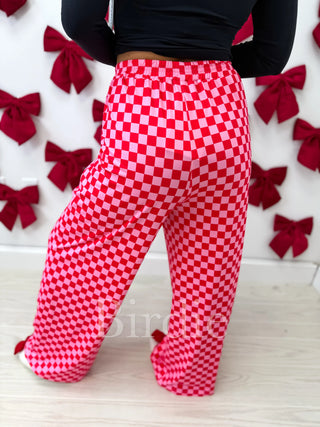 BIRDIE ready to ship Pink & Red Checkered Stretchy Cozy Pants