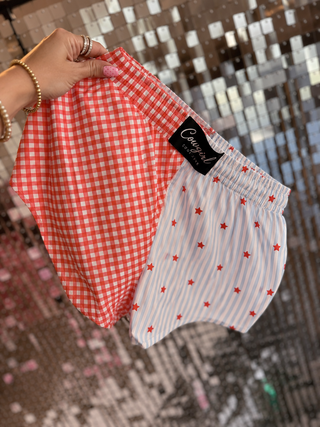 CCB™ original split red stars blue stripes / red gingham boxer shorts PREORDER
