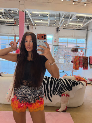 CCB® Leopard + Flame Satin Shorts — Orange Lace [PREORDER]