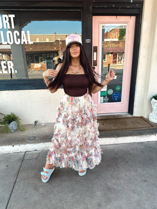 floral ruffle mesh tiered midi skirt
