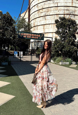 floral ruffle mesh tiered midi skirt