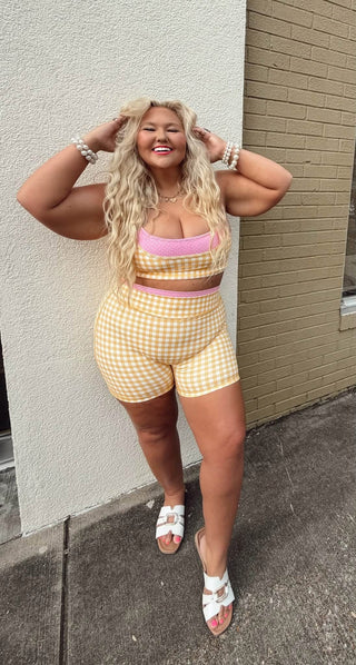 **BOTTOMS ONLY** CCB original Yellow Gingham/polka dot layered athletic biker shorts PREORDER