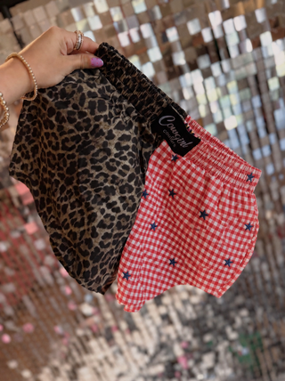 CCB™ original split red gingham Blue stars / leopard boxer shorts PREORDER