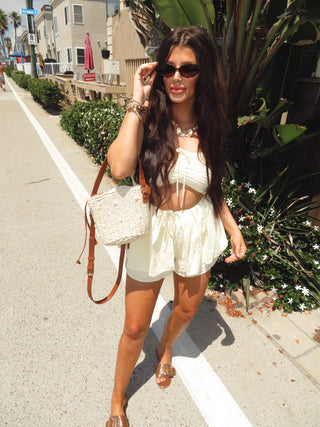 Linen cutout pintuck top and shorts set