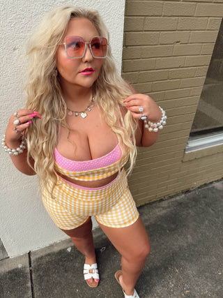 **BOTTOMS ONLY** CCB original Yellow Gingham/polka dot layered athletic biker shorts PREORDER