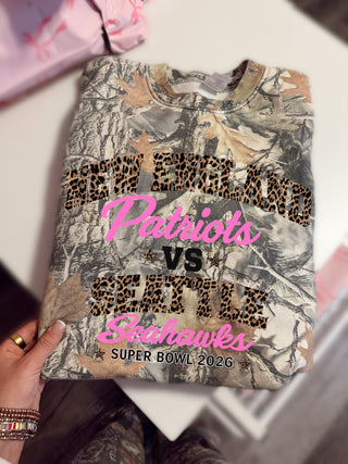 CCB ORIGINAL LEOPARD SUPERBOWL DESIGN ON CAMO CREWNECK