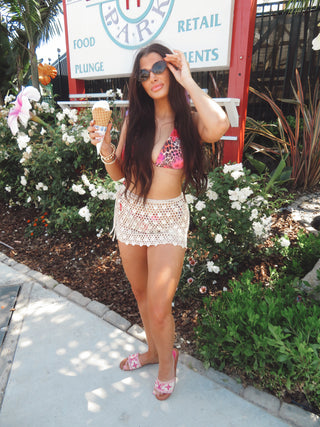 Ibiza mini shell trim sequin crochet skirt
