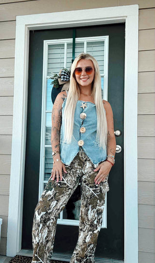 Coastal cowgirl light wash gold button denim vest