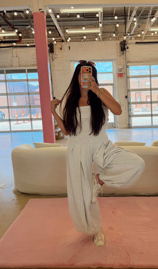 Ash Gray strapless pleated barrel jumpsuit ready to ship