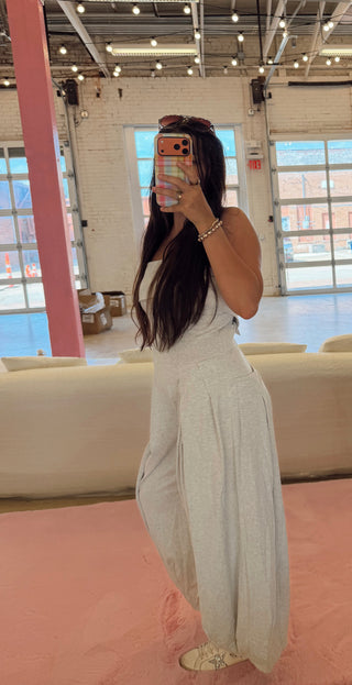 Ash Gray strapless pleated barrel jumpsuit ready to ship