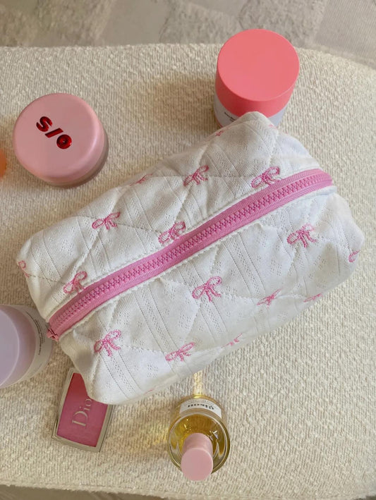 Pink dainty embroidered bow travel makeup bag