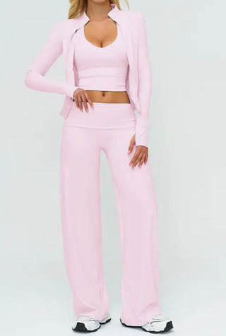 Bubblegum pink foldover leggings halter and zip up athletic set