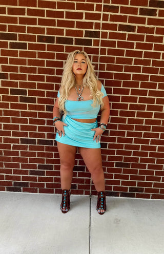 Aquamarine off the shoulder bandeau Mini dress