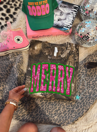 Faux sequin pink and green merry on camo