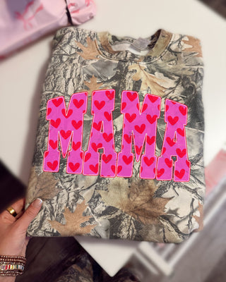 Pink and red heart mama camo crew
