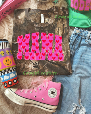 Pink and red heart mama camo tee