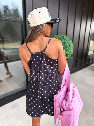 BIRDIE PREORDER Active Dress with built in bra in Black with White Polka Dot