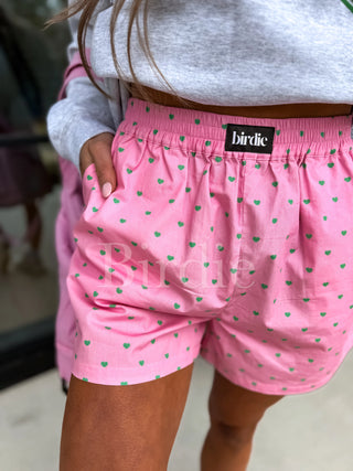 BIRDIE PREORDER Boxer Shorts in Pink with Green Hearts