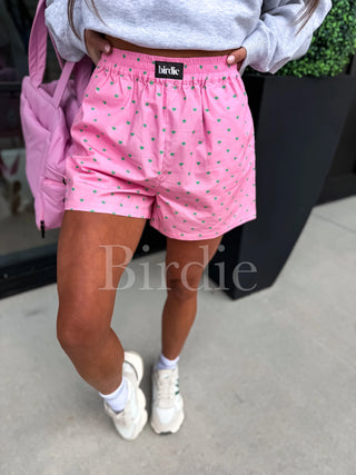 BIRDIE PREORDER Boxer Shorts in Pink with Green Hearts