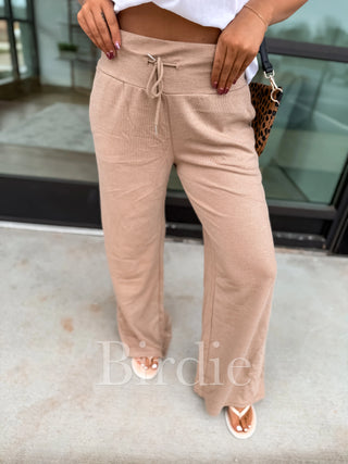 BIRDIE Ribbed Wide Band and Leg Pants in Toasted Almond