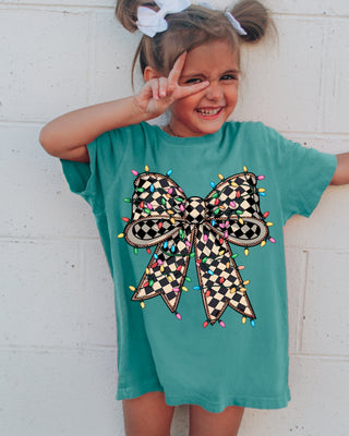 Checkered  Christmas lights  bow | Kids graphic