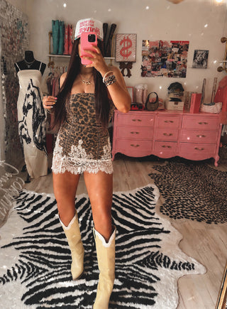 CCB original Denim Lace Detailed Romper in leopard | preorder