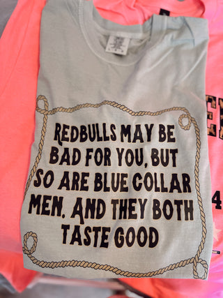 Ready to ship Redbull and blue collar - comfort colors bay tee size large