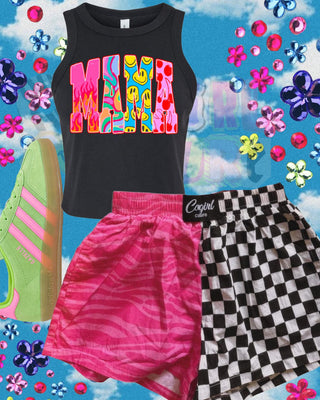 Neon swirly pattern mama tanks + baby tees