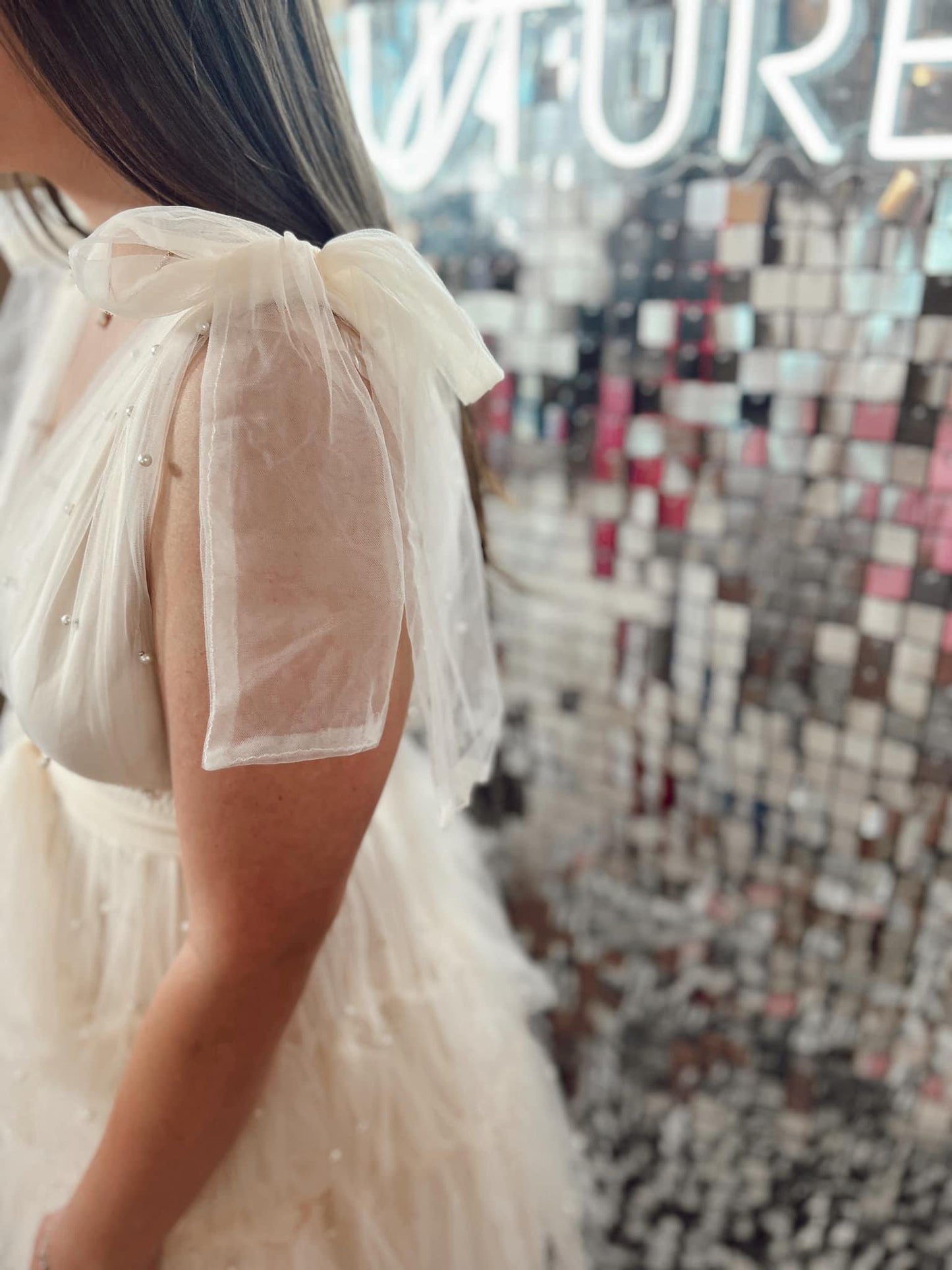 Off white Pearl detailed bow tie dress