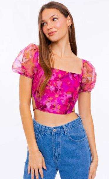 Tie around strappy back floral mesh top