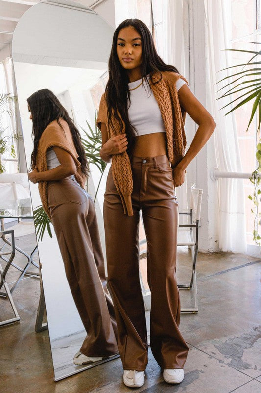 Spill the deets brown vegan leather pants